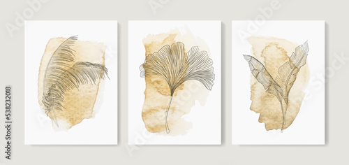 Watercolor art background with tropical palm leaves, ginkgo in line art style. Botanical hand drawn print set for invitations, cover, wallpaper, poster, interior design, decor.