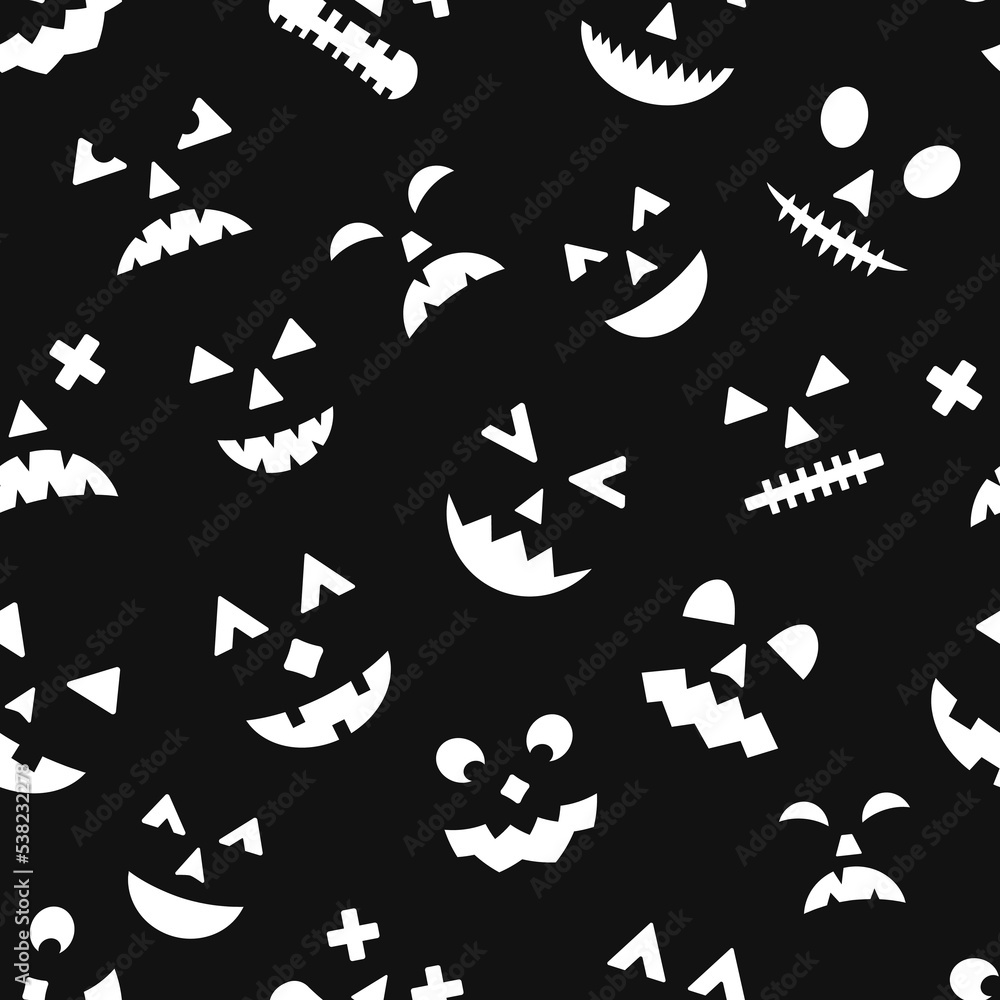 Halloween seamless pattern with scary pumpkin faces on black background. Easy to edit vector template for greeting card, party invitation, fabric, textile, wrapping paper, etc Halloween seamless pattern with scary pumpkin faces on black background. Easy to edit vector template for greeting card, party invitation, fabric, textile, wrapping paper, etc