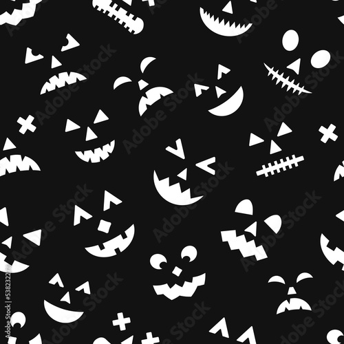 Halloween seamless pattern with scary pumpkin faces on black background. Easy to edit vector template for greeting card  party invitation  fabric  textile  wrapping paper  etc