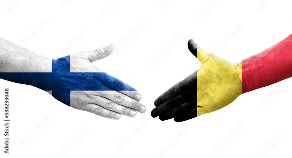 Handshake between Belgium and Finland flags painted on hands, isolated transparent image.