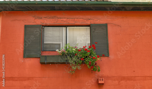 Double window with open wooden shutters and flower box against an orange painted wall. The flower box contains a variety of flowers  including bright red geraniums that cascade down the wall. 