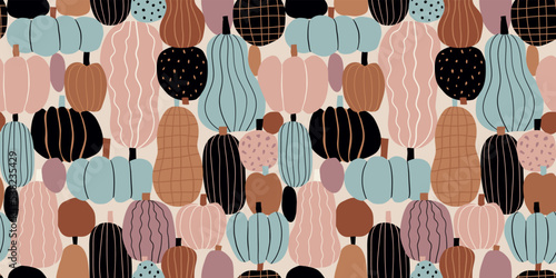 Seamless pattern with colorful pumpkins. Vector hand drawn illustration. Halloween background.