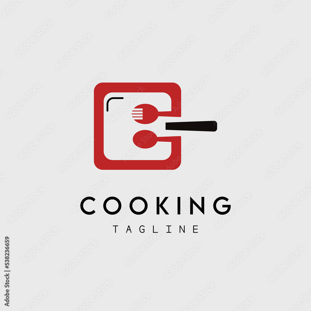 cooking skillet concept with cutlery logo vector design