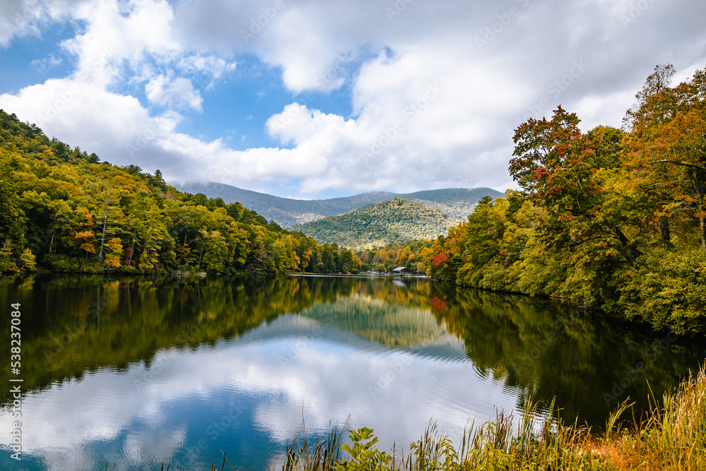wide open landscape with lake and mountains and cloud with sky reflecting in water at vogel state park in Georgia