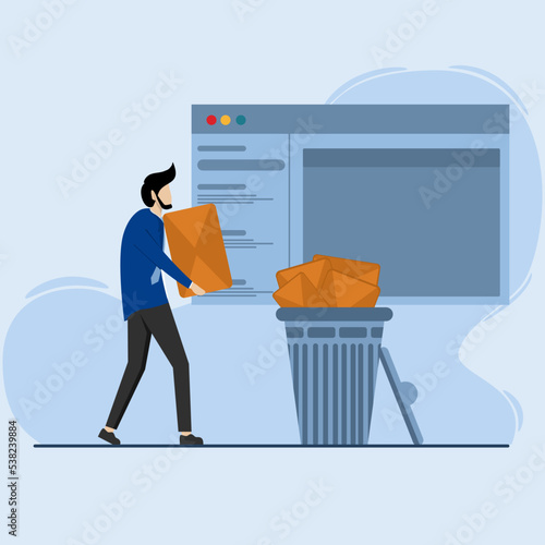 Junk internet message concept in mailbox, phishing email and advertising letter. illustration of people carrying spam emails to the trash.