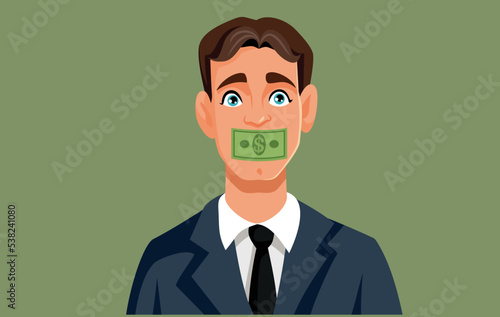 Businessman Being Silenced by Dollar Payment Vector Cartoon. Corrupt person buying silence censoring and lobbying with bribe money
