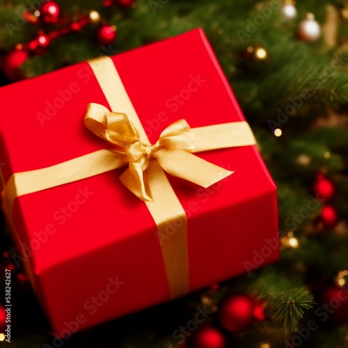 Red Christmas gift with golden ribbon