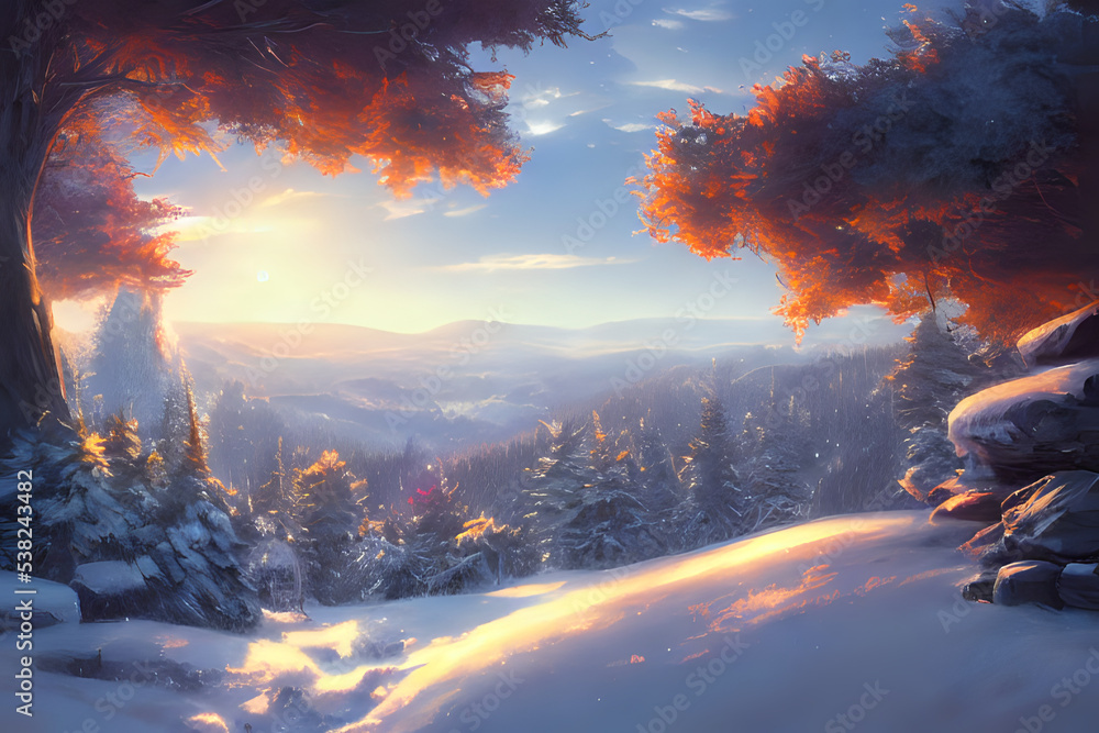 A beautiful winter landscape basking in warm sunlight. Generative AI creation.