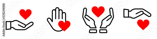Conjunto de icono de donación. Corazón rojo en la mano. Símbolo de amor. Ilustración vectorial