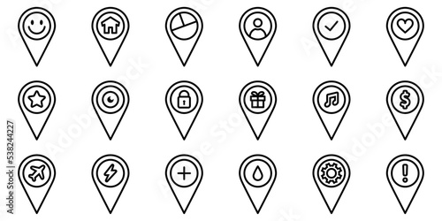 Conjunto de iconos de ubicación de diferentes símbolos de localización. Casa, salud, agua, fiesta, banco, aeropuerto, favorito, música. Ilustración vectorial