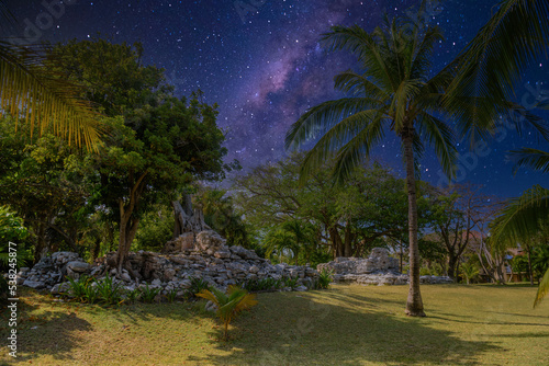 Playacar Mayan ruins in the forest park with Milky Way Galaxy stars night sky in Playa del Carmen, Yucatan, Mexico