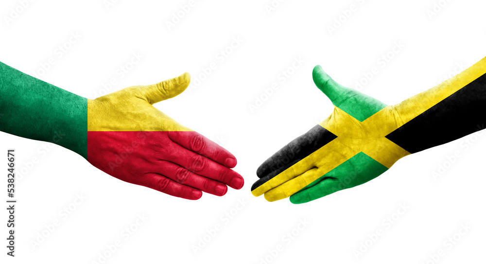 Handshake between Benin and Jamaica flags painted on hands, isolated transparent image. Handshake between Benin and Jamaica flags painted on hands, isolated transparent image.