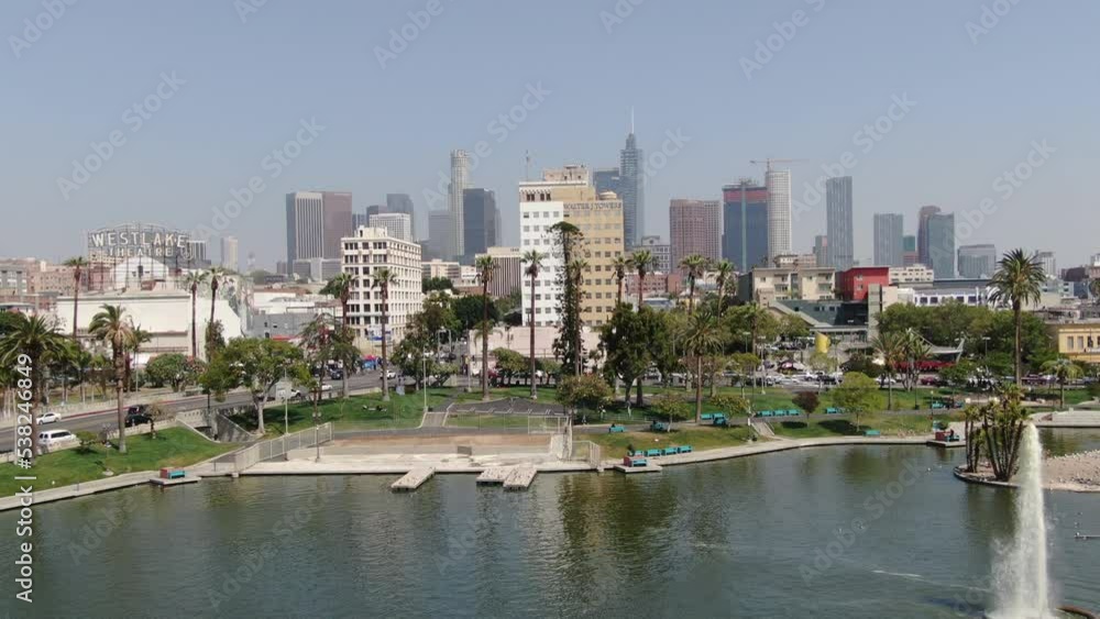 Los Angeles MacArthur Park Aerial Shot Lake Forward