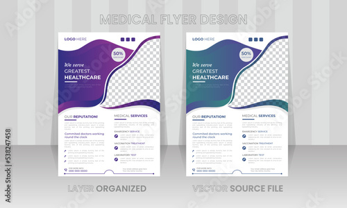 Corporate healthcare and medical cover a4 flyer design template for print, Professional clean and bold brochure for clinic, Elegant trendy gradient color vector source medicare leaflet layout