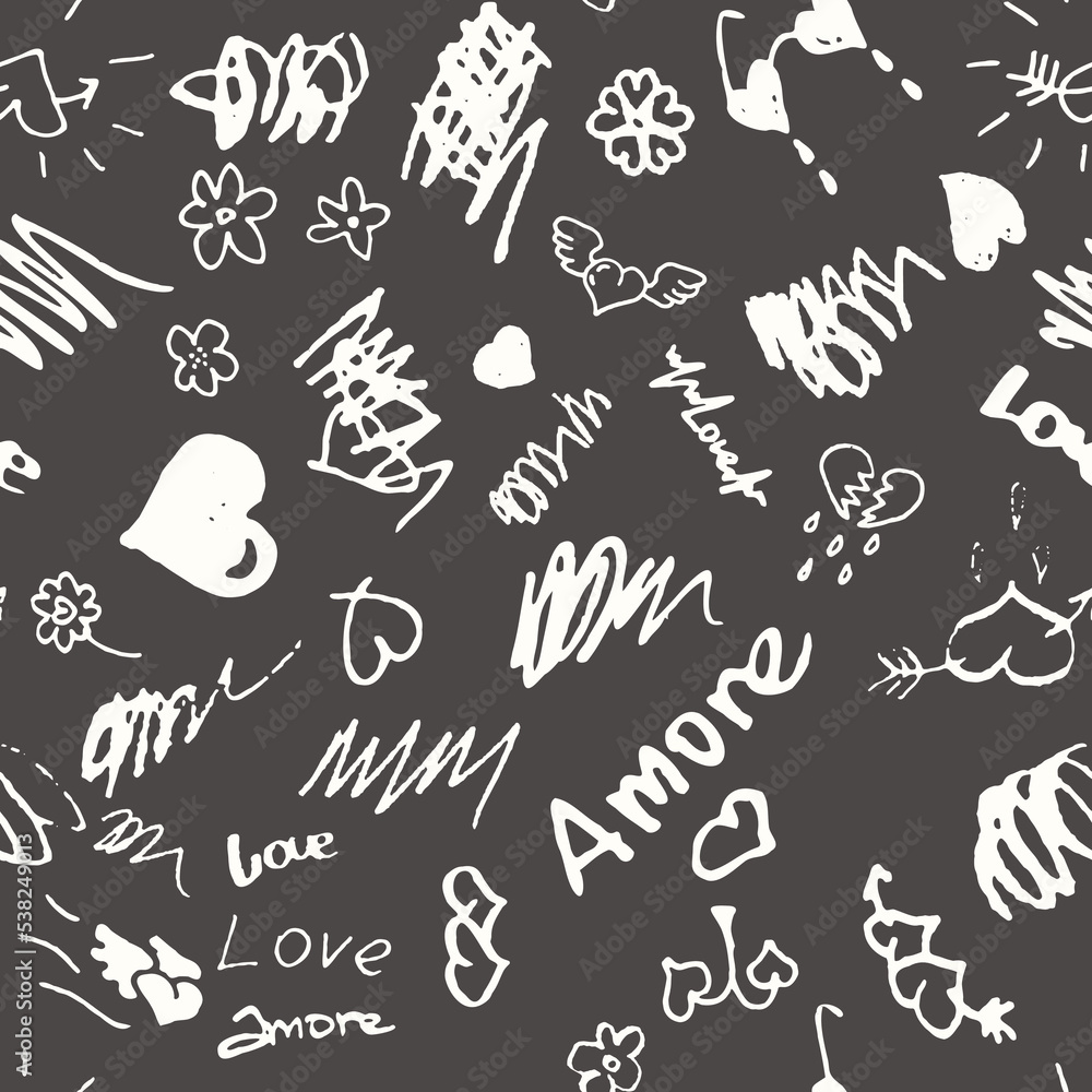 Groovy seamless pattern with scribbles. Love lettering allover print for paper, fabric, different surface. Love, hearts, flowers, scribbles. Fun and romantic illustration, Valentine's day card Groovy seamless pattern with scribbles. Love lettering allover print for paper, fabric, different surface. Love, hearts, flowers, scribbles. Fun and romantic illustration, Valentine's day card