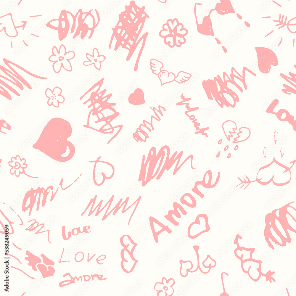 Groovy seamless pattern with scribbles. Love lettering allover print for paper, fabric, different surface. Love, hearts, flowers, scribbles. Fun and romantic illustration, Valentine's day card