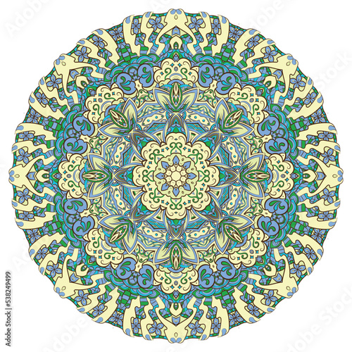 Mandala. Tracery wheel image. Mehndi design. Ethnic doodle art. Curved doodling picture. Vector
