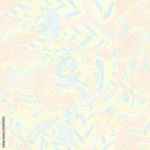 Tracery seamless pattern. Mehndi design. Pastel. 6 colors. Ethnic doodle texture. Curved doodling background. Vector