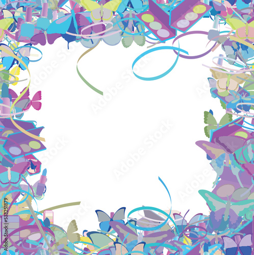 Background pattern abstract seamless design texture. Border frame, transparent background. Theme is about salon, ornate, Butterfly, irregular, parlor, gorgeous, maquillage, pomade, pomatum