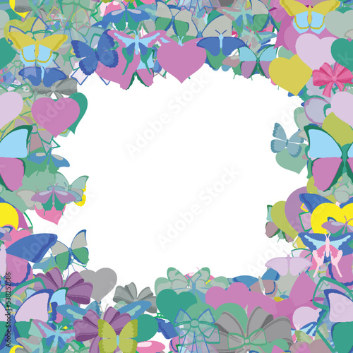 Background pattern abstract seamless design texture. Border frame, transparent background. Theme is about silhouette, hearts, fly, decoration, wildlife, romance, various, colorful, adornment