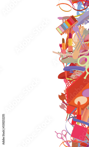 Background pattern abstract seamless design texture. Vertical stripe. Border frame, transparent background. Theme is about weaving, shaving, bobby pin, cosmetology, maquillage, straight razor