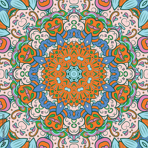 Seamless tile texture. Tracery mehndi design image. Ethnic doodle art. Curved doodling picture. Vector