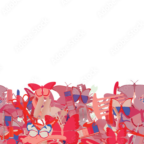 Background pattern abstract seamless design texture. Horizontal stripe. Border frame, transparent background. Theme is about background, exotic, pomatum, toiletry, scissors, maquillage, graphic