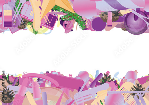 Background pattern abstract seamless design texture. Horizontal stripes. Border frame, transparent background. Theme is about tones, hair care, pomade, star, clip, branch, cone, claw, barber