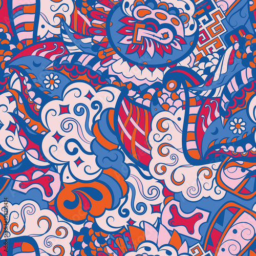 Tracery seamless pattern. Mehndi design. 6 colors. Ethnic doodle texture. Curved doodling background. Vector