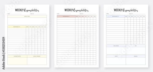 Weekly responsibilities planner template. Responsibility checklist planner template design. Minimalist Planner Template Set. Planner Set & Planner Bundle Design. Organizer & Schedule Planner. 