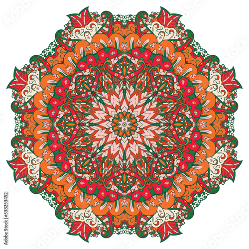 Mandala. Tracery wheel image. Mehndi design. Ethnic doodle art. Curved doodling picture. Vector