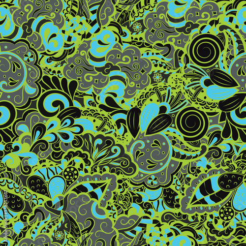 Tracery seamless pattern. Mehndi design. Dark sharp colors. 6 colors. Ethnic doodle texture. Curved doodling background. Vector