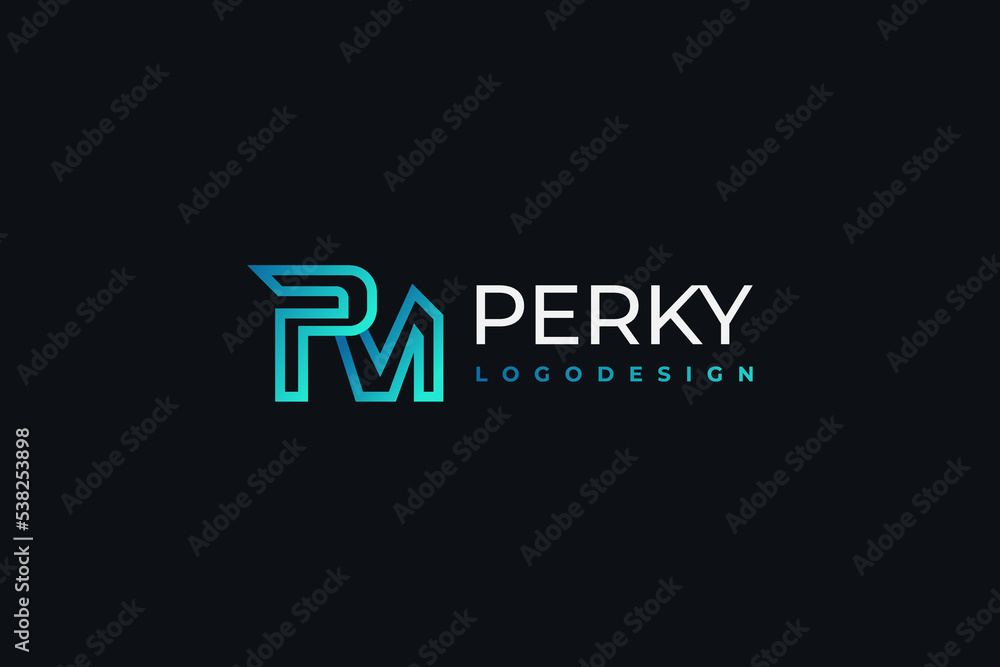 PM Initial Logo Design with Outline Concept in Blue and Green Gradient. Suitable for Business or Technology Logo