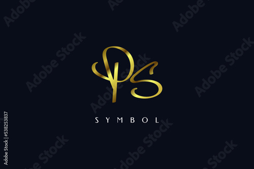 Initial P and S Logo Design in Gold Signature Style. PS Logo with Handwriting Style