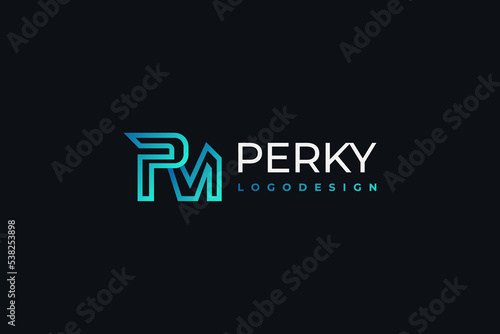 PM Initial Logo Design with Outline Concept in Blue and Green Gradient. Suitable for Business or Technology Logo
