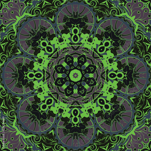 Seamless tile texture. Tracery mehndi design image. Dark toxic colors. Ethnic doodle art. Curved doodling picture. Vector