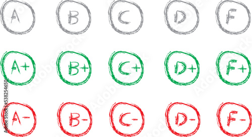 Circles with letters and symbols in them.