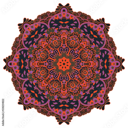 Mandala. Tracery wheel image. Mehndi design. Dark toxic colors. Ethnic doodle art. Curved doodling picture. Vector