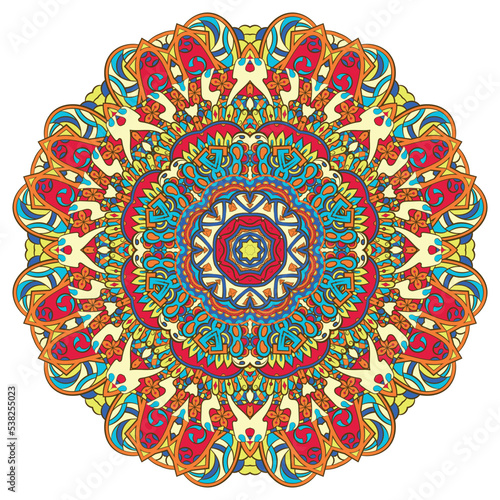 Mandala. Tracery wheel image. Mehndi design. Ethnic doodle art. Curved doodling picture. Vector
