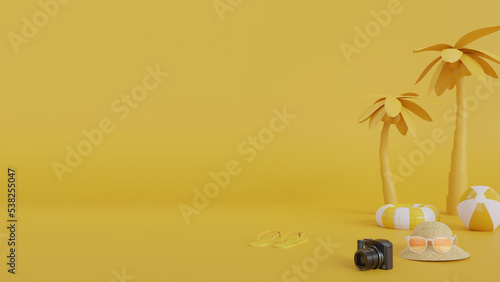 Flat-lay yellow suitcase with traveler accessories on pastel yellow background. travel concept. 3d rendering © aamsari199
