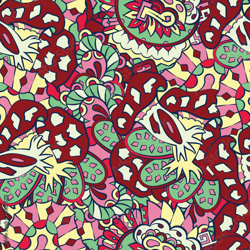Tracery seamless pattern. Mehndi design. 7 colors. Ethnic doodle texture. Curved doodling background. Vector