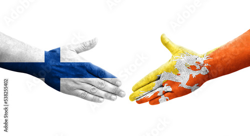 Handshake between Bhutan and Finland flags painted on hands, isolated transparent image.