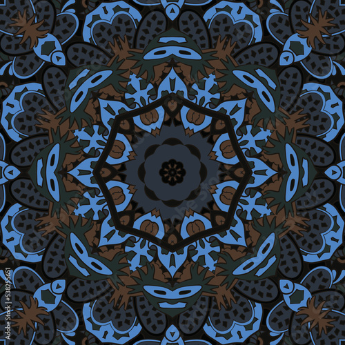 Seamless tile texture. Tracery mehndi design image. Dark toxic colors. Ethnic doodle art. Curved doodling picture. Vector