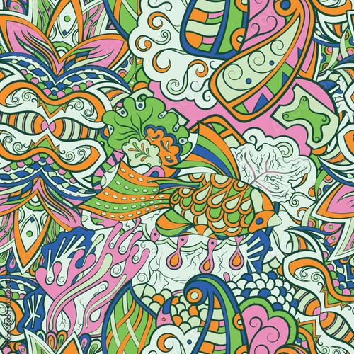 Tracery seamless pattern. Mehndi design. 7 colors. Ethnic doodle texture. Curved doodling background. Vector