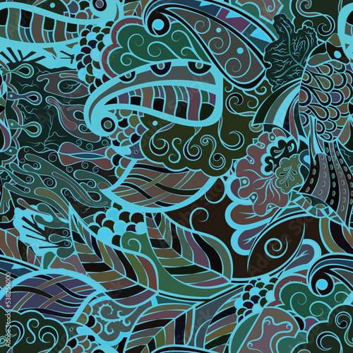 Tracery seamless pattern. Mehndi design. Dark sharp colors. Ethnic doodle texture. Curved doodling background. Vector