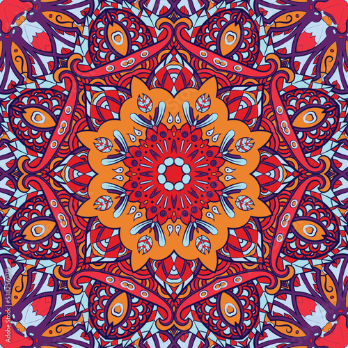 Seamless tile texture. Tracery mehndi design image. Ethnic doodle art. Curved doodling picture. Vector