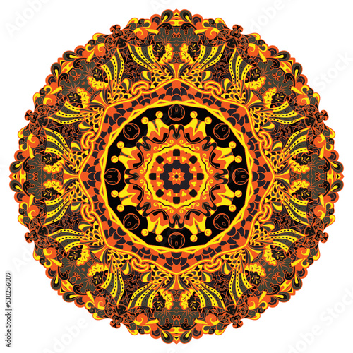 Mandala. Tracery wheel image. Mehndi design. Dark toxic colors. Ethnic doodle art. Curved doodling picture. Vector