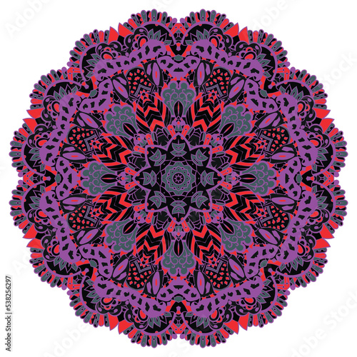 Mandala. Tracery wheel image. Mehndi design. Dark toxic colors. Ethnic doodle art. Curved doodling picture. Vector