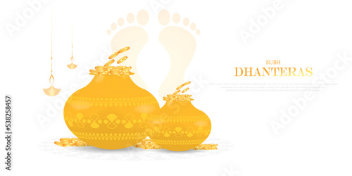 Illustration of golden pots and coins isolated on white background for dhanteras festival photo