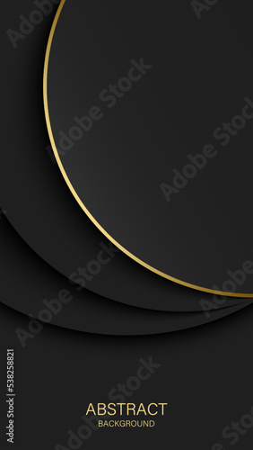 Black abstract paper cut background. Layered circular panels with gold line. Vector illustration.